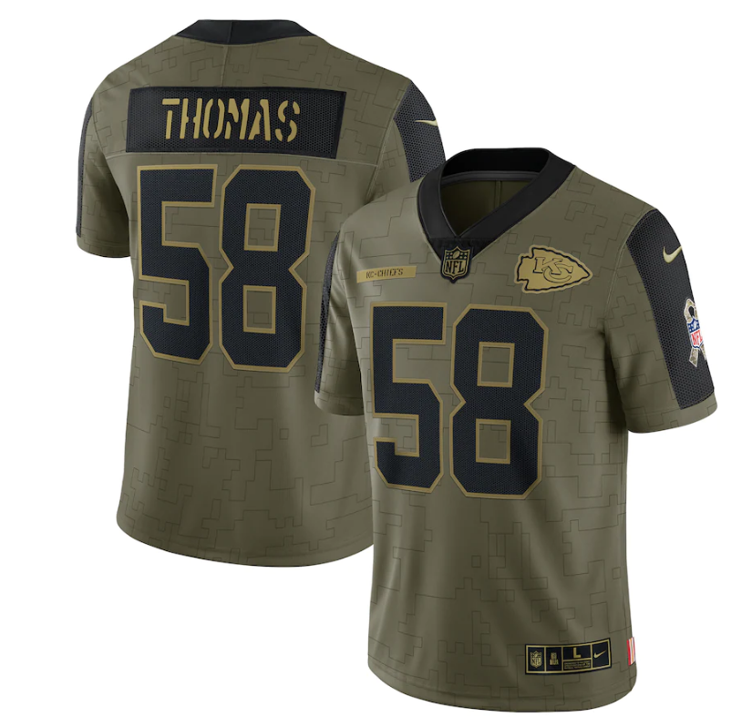 Men's Kansas City Chiefs #58 Derrick Thomas 2021 Olive Salute To Service Limited Stitched Men's Kansas City Chiefs #58 Derrick Thomas 2021 Olive Salute To Service Limited Stitched